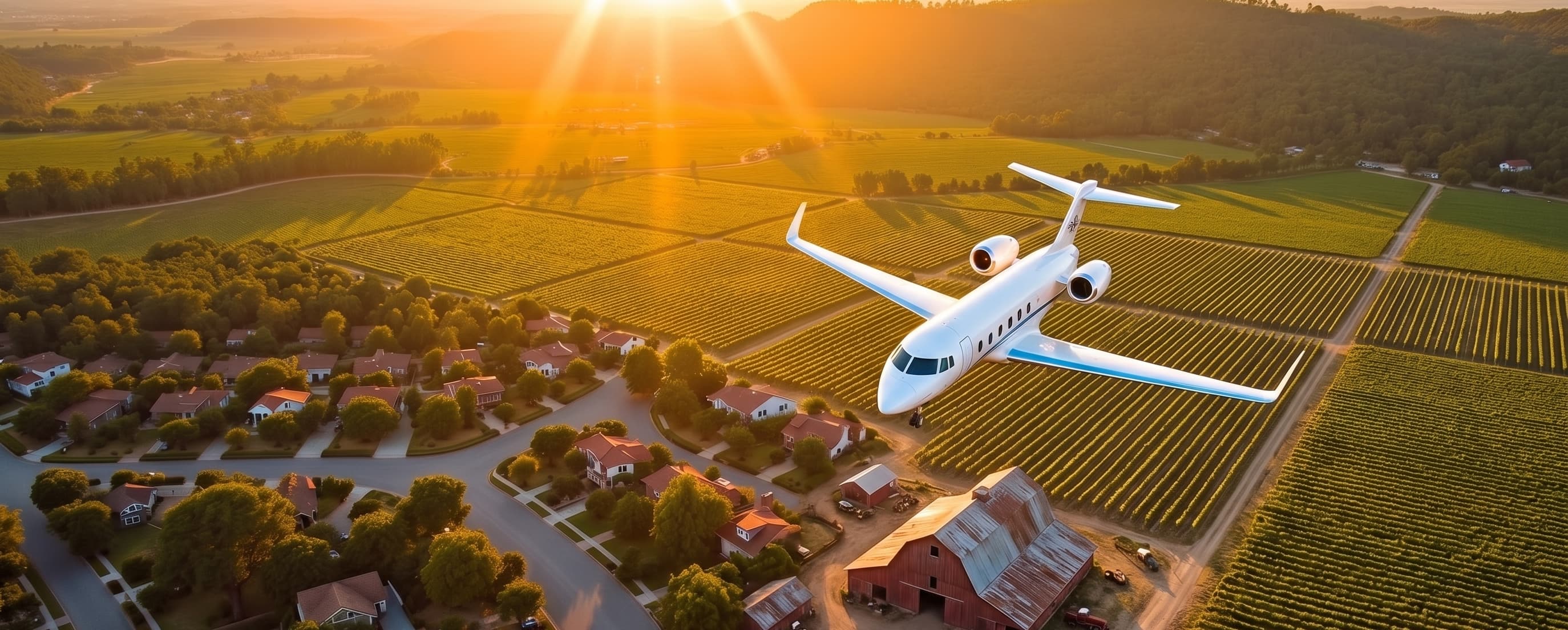 Private jet flying low over Napa Valley homes and vineyards at sunset